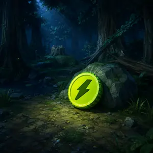 The coin standing on edge against a boulder at night